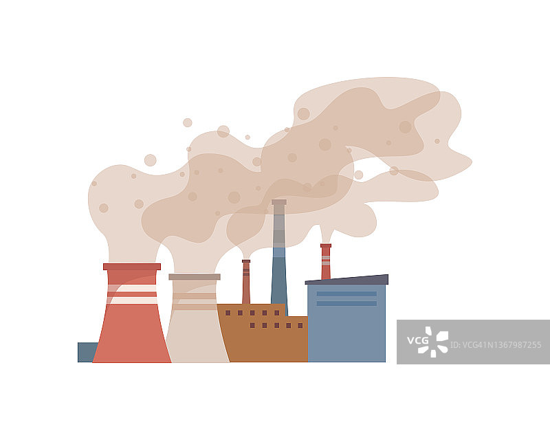 工厂、工厂和工业用烟雾污染空气。矢量管道制造烟雾，污染环境，危害自然。大气气体排放，化学物质平面卡通图片素材
