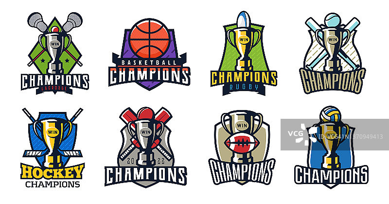 一套体育会徽，冠军会徽。篮球、冰球、板球、美式足球、棒球、排球、橄榄球、长曲棍球等项目的徽章。徽章杯、球、盾。矢量图图片素材