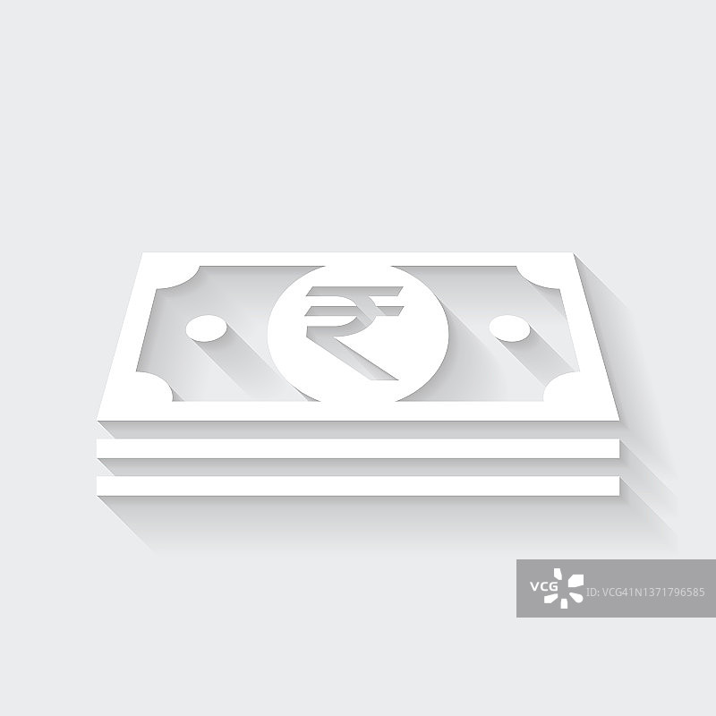 印度卢比钞票。图标与空白背景上的长阴影-平面设计图片素材