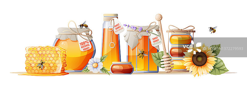 蜂蜜产品，天然有机产品。向量插图的罐子蜂蜜，蜂巢，向日葵，木勺。健康的食物图片素材