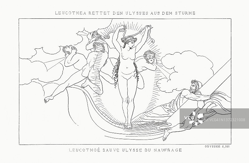 保存尤利西斯(奥德赛)的Leucothea，钢雕刻，出版于1833年图片素材
