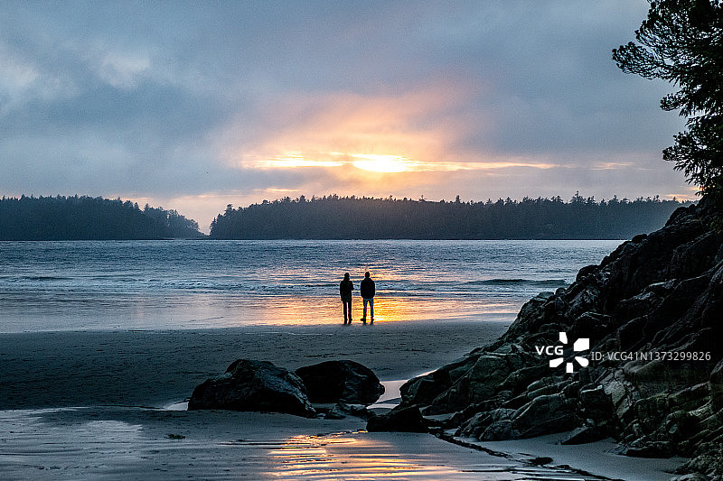加拿大不列颠哥伦比亚省，温哥华岛，托菲诺，两个成年人站在夕阳下的海滩上的后视图图片素材