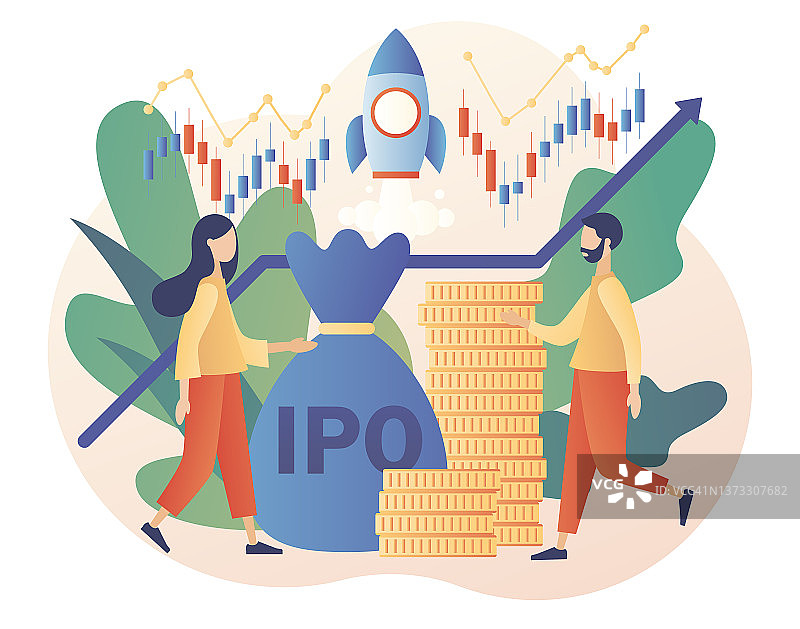 首次公开发行(ipo)。IPO的概念。投资。小投资者投资股票市场。公司的增长。被动收入。现代平面卡通风格。白色背景上的矢量插图图片素材