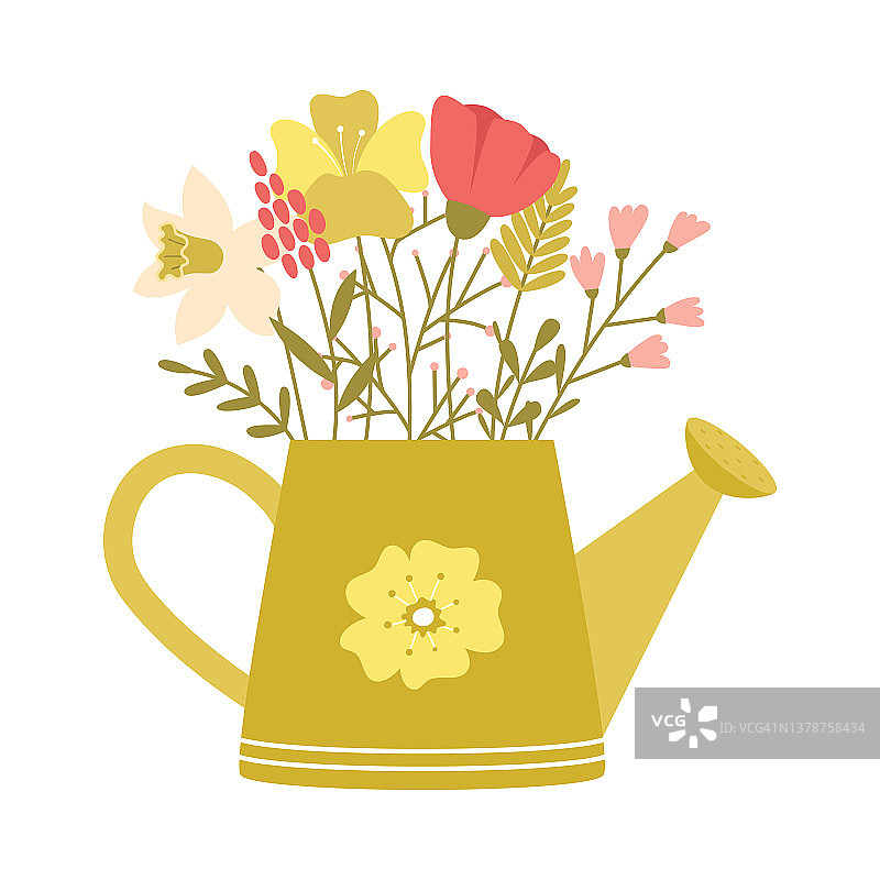 浇水罐上有简单的春天花，小树枝，香草。可爱的装饰元素在卡通风格的复活节和春天贺卡。在白色背景上隔离的颜色矢量插图。图片素材