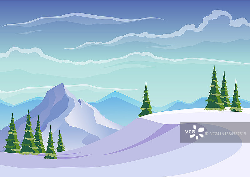 滑雪场景观。蓝山冬季雪景与雪和松树林的前景。山峰和旅游背景图片素材