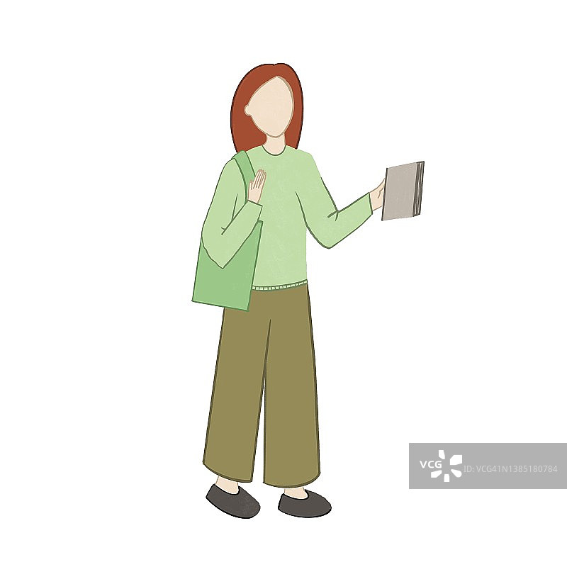 女孩手里拿着一本书，背景是白色的，平面插图图片素材