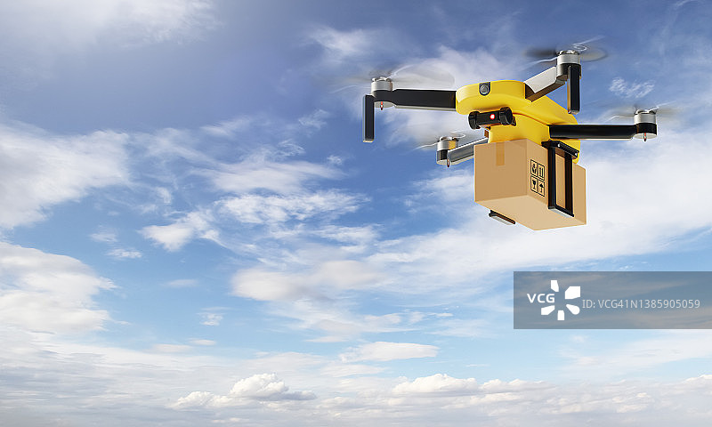 匿名飞行快递无人机在空中将包裹投递给客户。商业技术和产业理念。3 d演示呈现图片素材