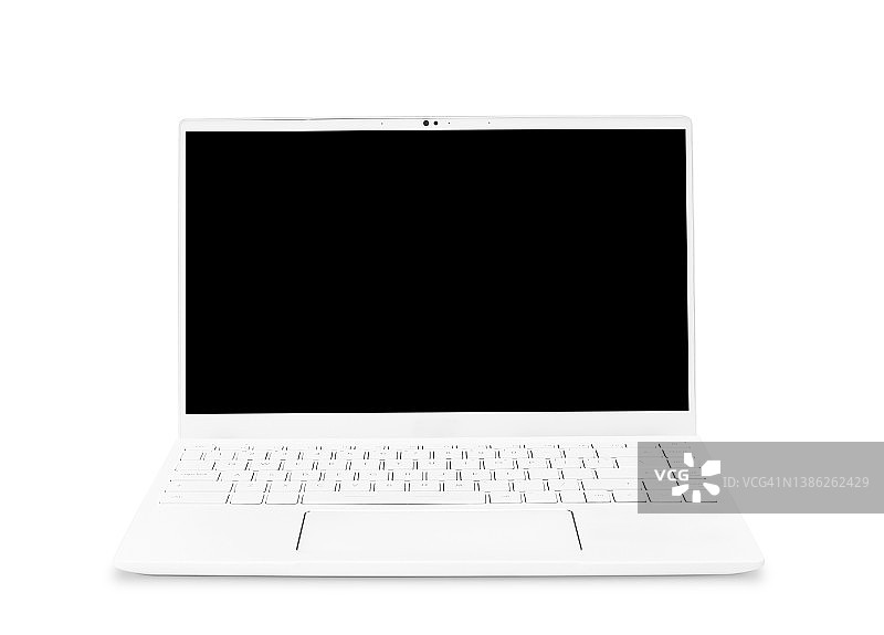 白色超薄，现代，便携式电脑(笔记本电脑)从前面拍摄的空白屏幕。孤立的白色背景。图片素材
