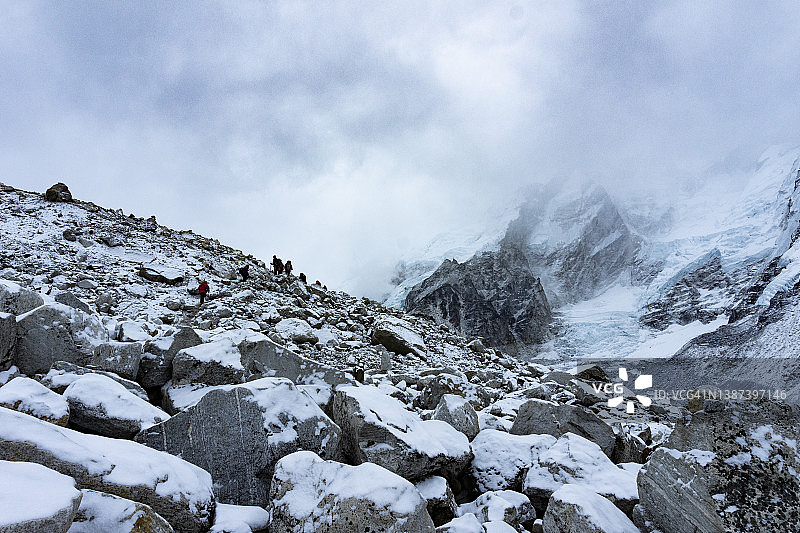 风景优美的珠峰大本营，有祈祷旗和著名的登山路线到珠峰大本营尼泊尔图片素材