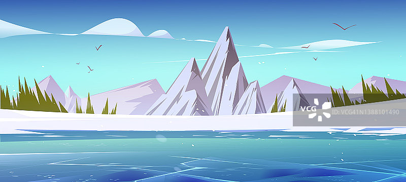 冬季山脉和冰冻池塘风景景观图片素材