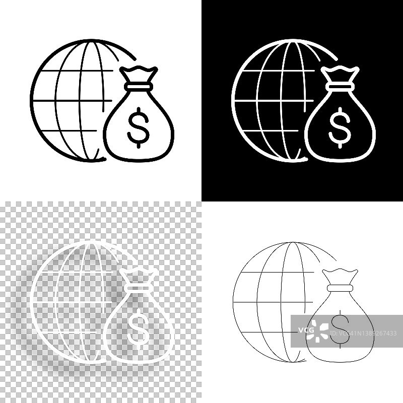 世界各地的美元。图标设计。空白，白色和黑色背景-线图标图片素材