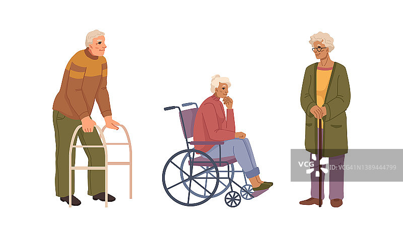 老年人使用轮椅四处走动。向量平面卡通人物在疗养院。祖父母拄着拐杖。爷爷奶奶是快乐微笑的人物图片素材