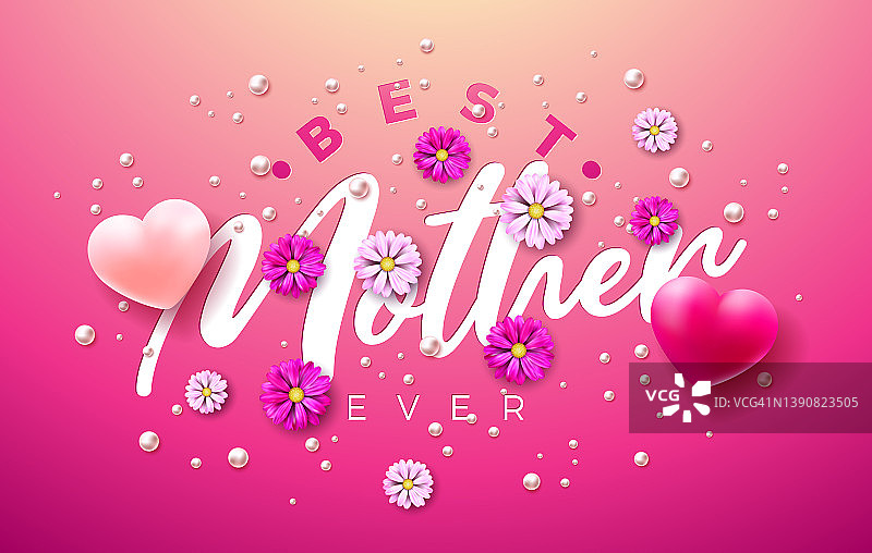 快乐的母亲节插图与春天的花，心和最好的母亲在粉红色的背景字体。向量妈妈一天设计贺卡，横幅，传单，小册子，海报。图片素材