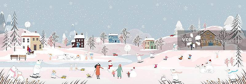 冬季景观与快乐的人们，北极熊和兔子在公园里玩滑冰，矢量旗帜冬季仙境兔和熊在森林里庆祝，圣诞和2023年的新年背景图片素材