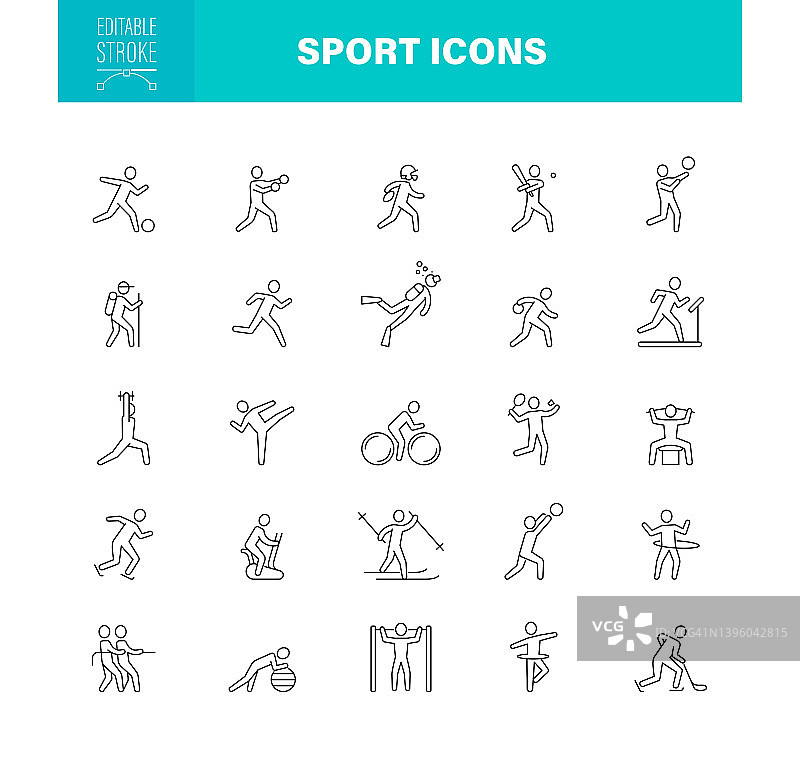 运动人图标可编辑的笔画。这套套装包含足球、拳击、篮球、高尔夫、游泳、美式足球、冰球等图标。图片素材