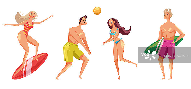 年轻的运动男人女人性格玩运动游戏和冲浪海滩度假概念孤立集。矢量平面卡通图形设计插图图片素材
