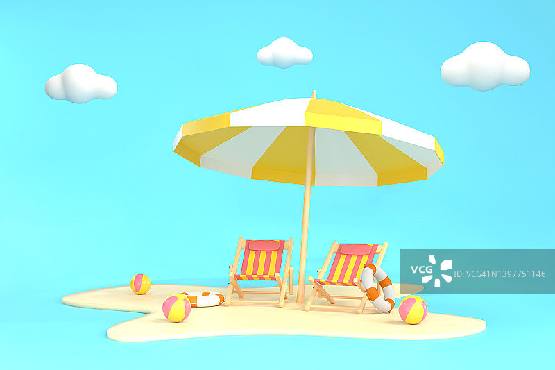 沙滩伞，沙滩球，游泳圈，沙滩椅。暑期旅游和假期图片素材