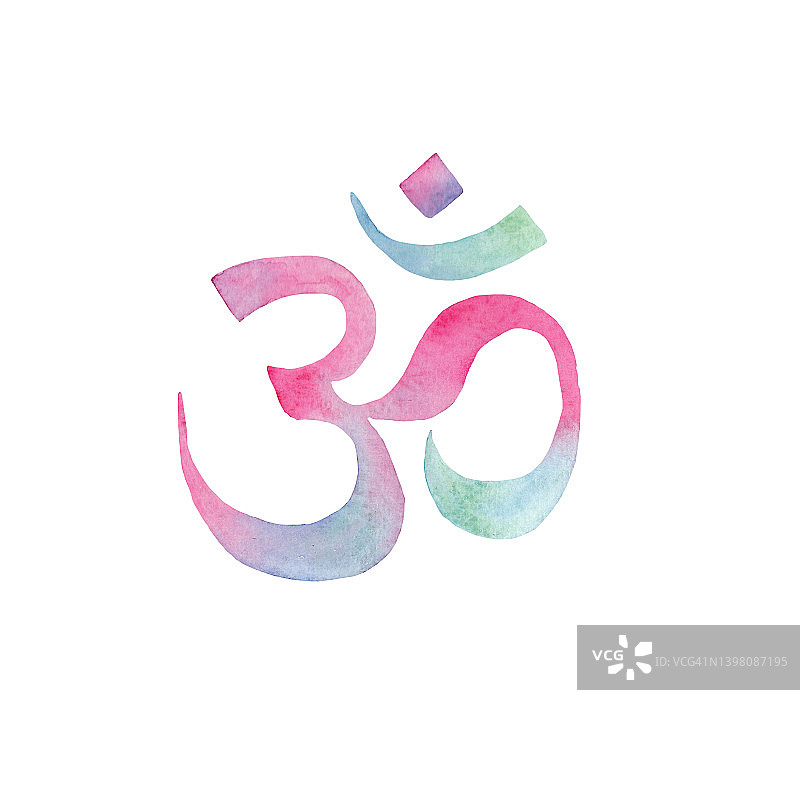 奥姆，奥姆——印度教的象征。水彩手绘标志OM，孤立在白色背景上图片素材