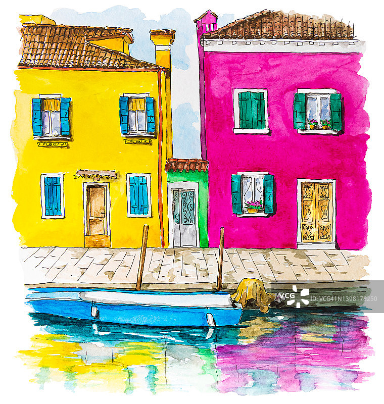 意大利威尼斯布拉诺岛彩色建筑的水彩画。图片素材