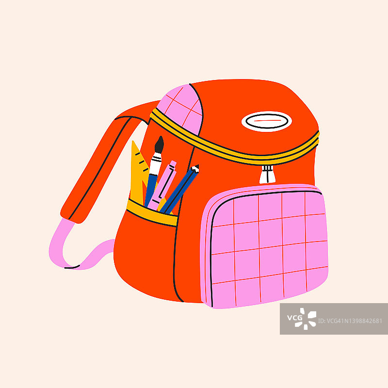 带学习用品和文具的背包。五颜六色的孩子书包图片素材