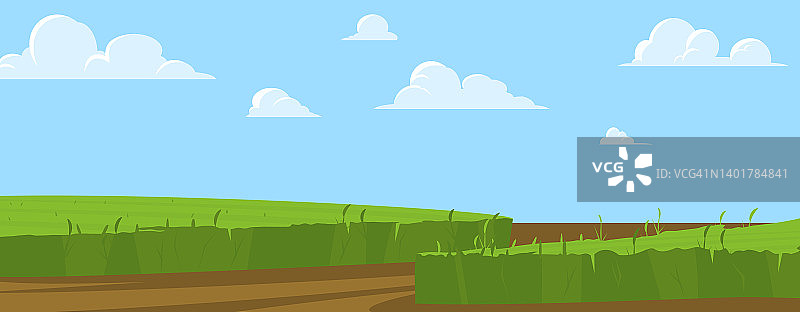 夏日田园风光与绿色田野，平面矢量插图。图片素材