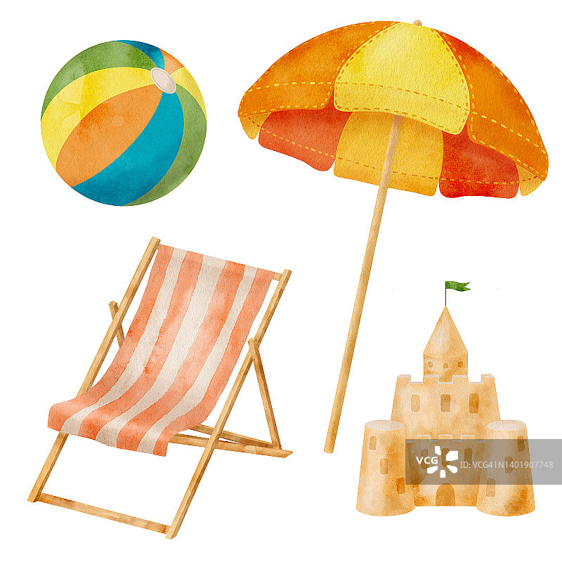 水彩海滩度假套装。手绘沙滩伞，躺椅，沙滩城堡和沙滩球孤立在白色背景。夏天放松插图。条纹太阳躺椅和阳伞画。图片素材
