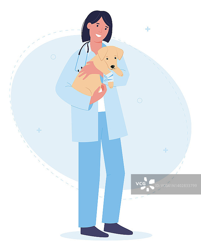微笑的女兽医抱着一只狗在她的怀里。兽医的职业宠物护理。矢量图图片素材