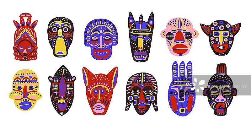 非洲面具。部落的民族装饰面孔。传统的武士元素。仪式配件。崇拜的象征。涂鸦印度偶像。正式的图腾。本机的纪念品。优雅的向量组图片素材