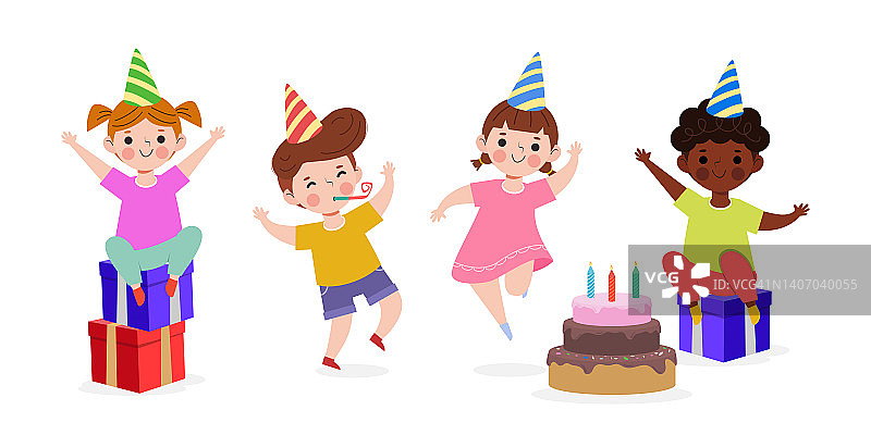 快乐的孩子们与蛋糕和礼物盒在生日聚会和一群朋友孤立在白色背景矢量插图图片素材