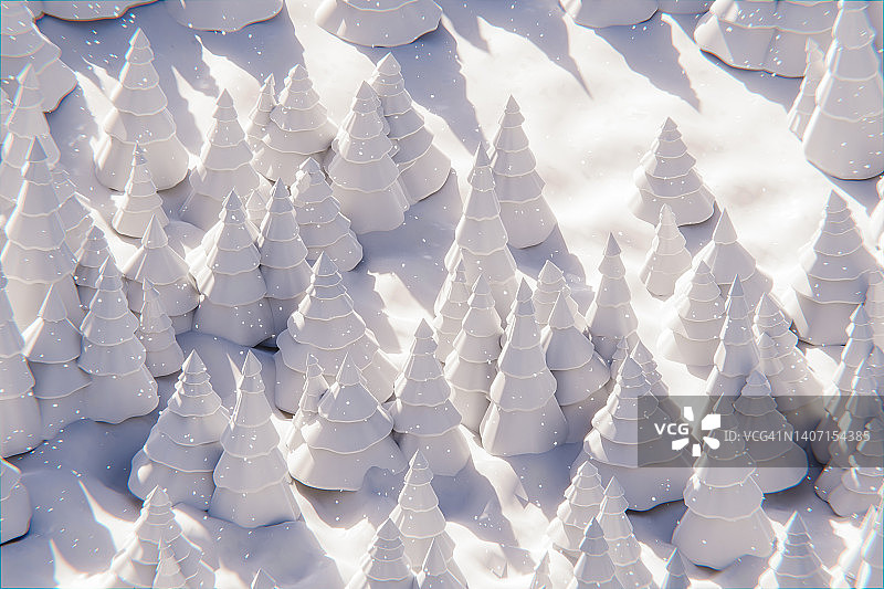 电脑生成的许多树的图像与雪，圣诞节的概念，3d渲染图片素材