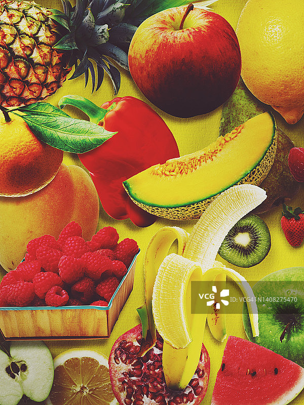 直接上方拍摄各种水果和蔬菜的背景。图片素材