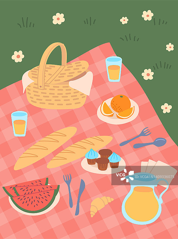 卡通颜色夏天野餐场景概念海报卡。向量图片素材