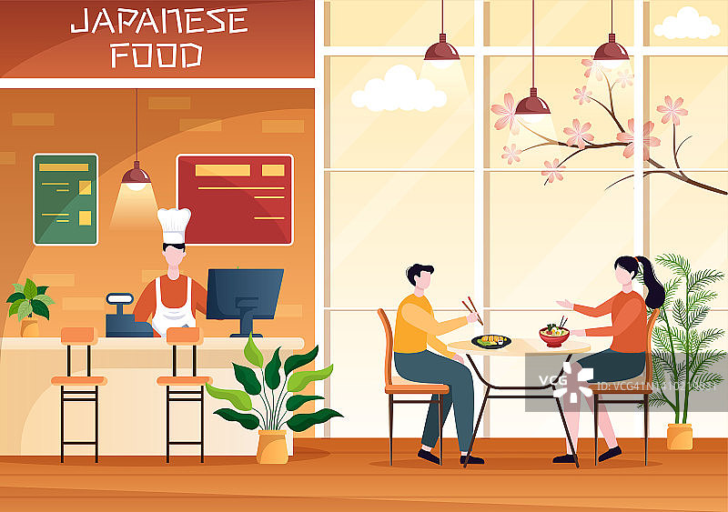 人们在餐厅吃日本食物与各种美味的菜肴在平面风格的卡通插图图片素材
