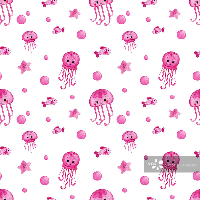 粉红色水母、海星和泡泡的无缝图案。水彩水母模式图片素材