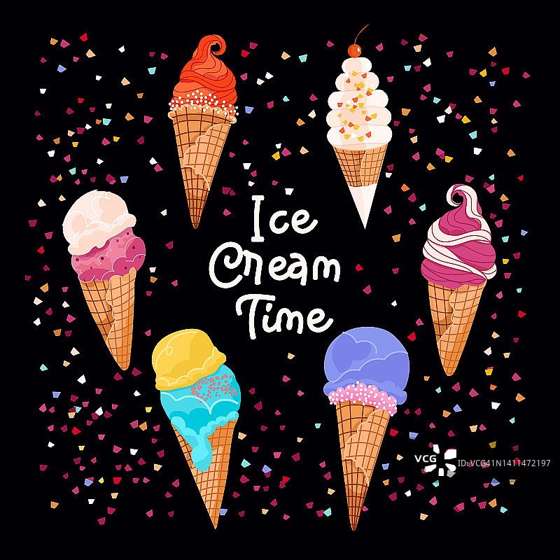 一套华夫筒冰淇淋。夏季矢量卡片插图图片素材