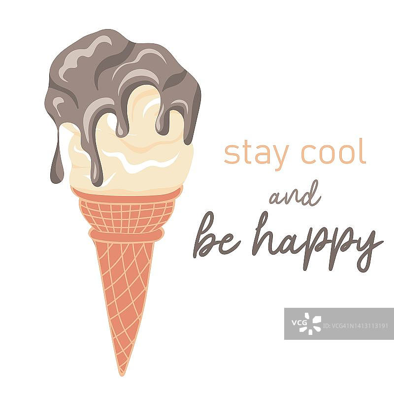 保持冷静和快乐。软冰淇淋与巧克力糖浆华夫蛋筒图片素材