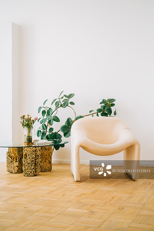 客厅配有绿色植物和一张空旷的大扶手椅，家居舒适，室内细节图片素材