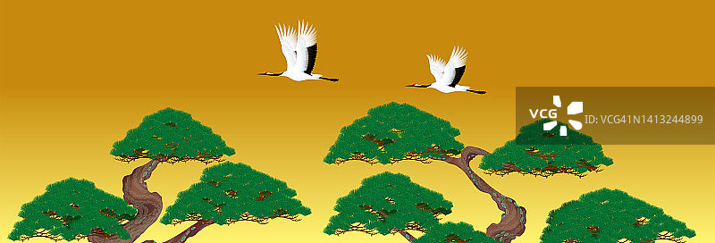 日本风格的插图，流水，起重机和松树在金叶背景图片素材