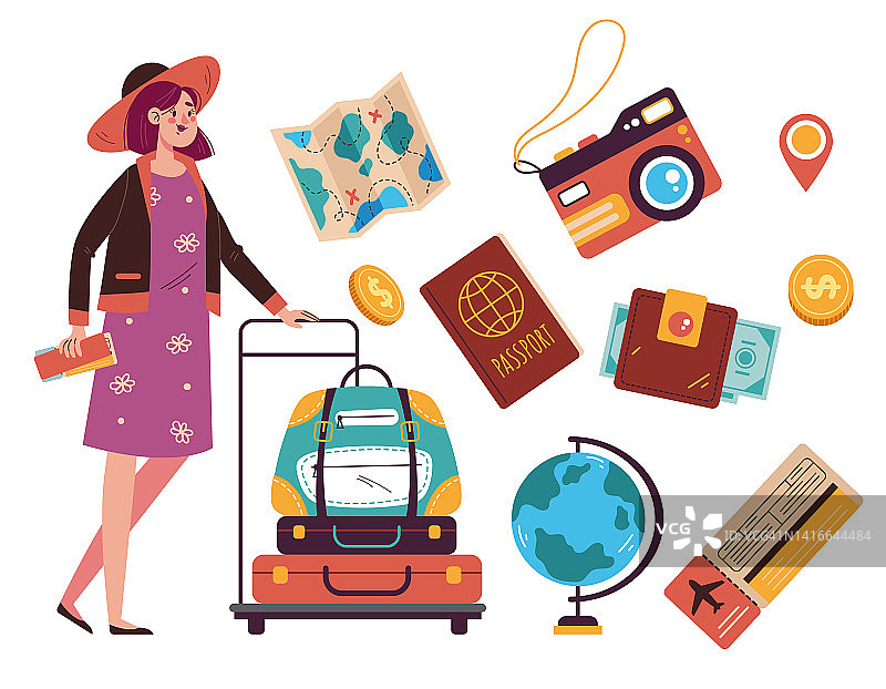 旅游用品旅游度假配件旅游包对象束涂鸦风格手绘孤立图形设计元素概念插图集图片素材