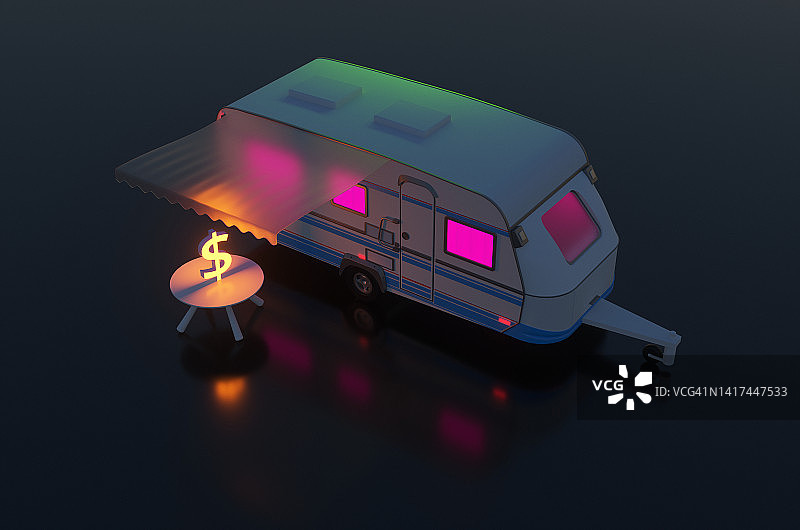 晚上在房车旁的桌子上，霓虹灯闪闪发光。膨胀概念，3d渲染插图图片素材