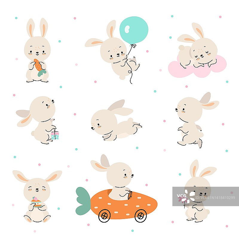 可爱的卡通兔子。跳舞的兔子，新生宝宝有趣的动物贴纸。用胡萝卜、甜蛋糕和气球做兔子角色。可爱的矢量兔图片素材