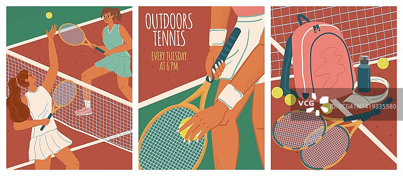 两名女子在球场上打网球。体育游戏矢量海报设置。网球，网子和球拍。体育竞赛与训练图片素材