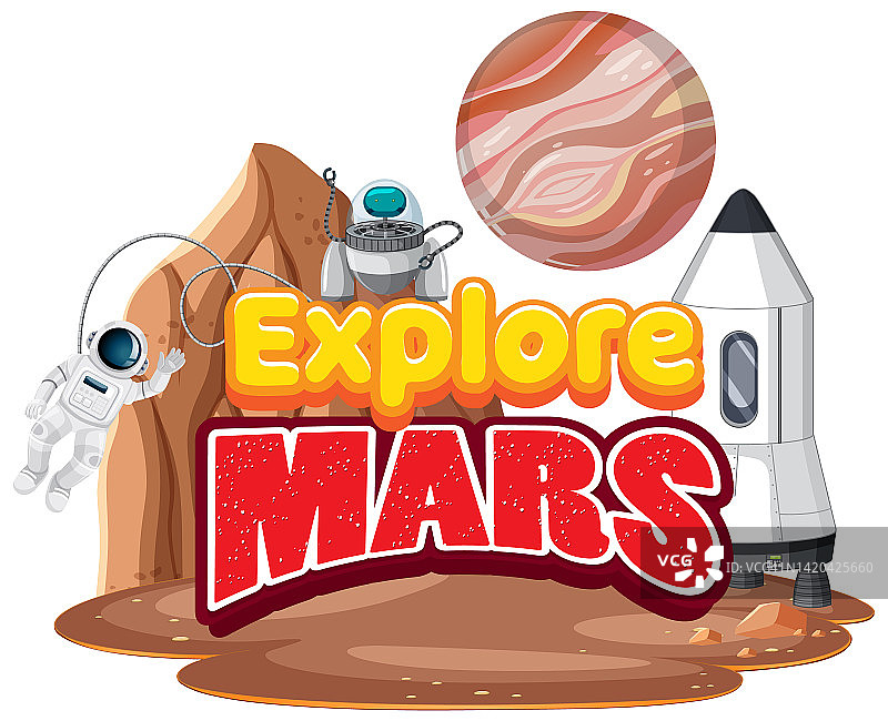 探索火星字标志设计与宇航员和行星图片素材
