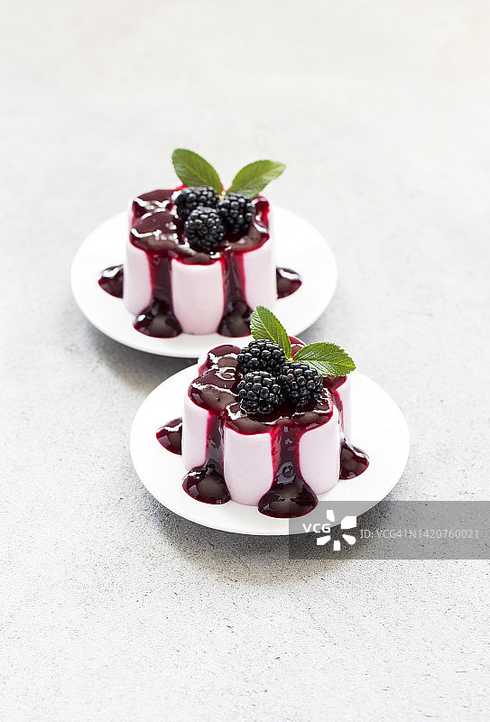 意大利甜点。黑莓奶油布丁，意式奶冻配酱，放在盘子里。浅灰色背景图片素材