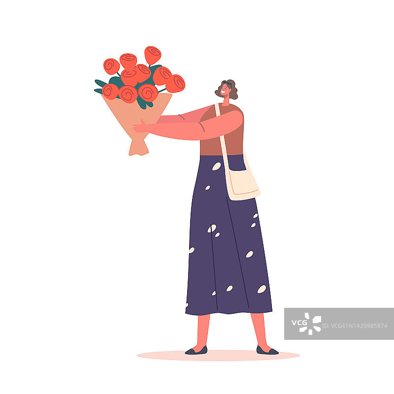 女人拿着美丽的花束，快乐的女孩与一束红玫瑰孤立在白色的背景图片素材