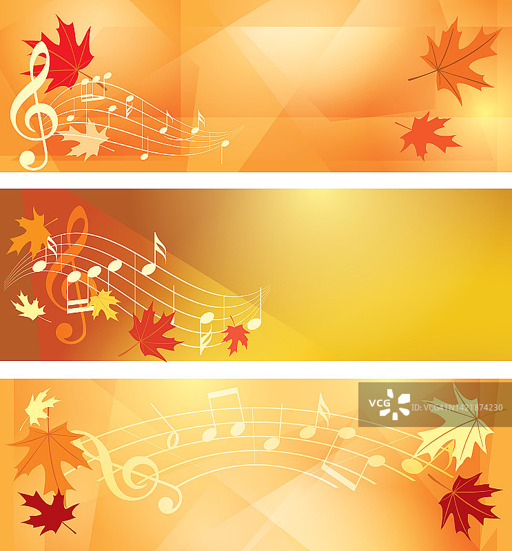 橙色抽象的秋天背景-带有音符和枫叶的矢量横幅图片素材