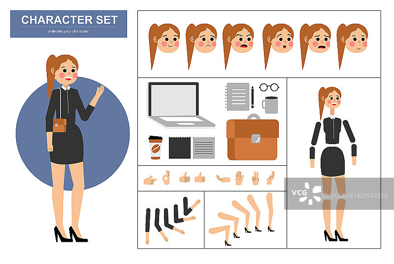 3\4查看动画角色。办公室女性角色构造器，各种观点，面部情绪，姿势，手势和办公工具。卡通风格，平面矢量插图图片素材