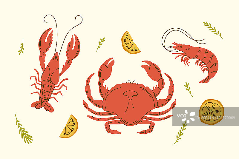 虾，小龙虾和螃蟹矢量集插图与柠檬。海鲜矢量设计元素图片素材