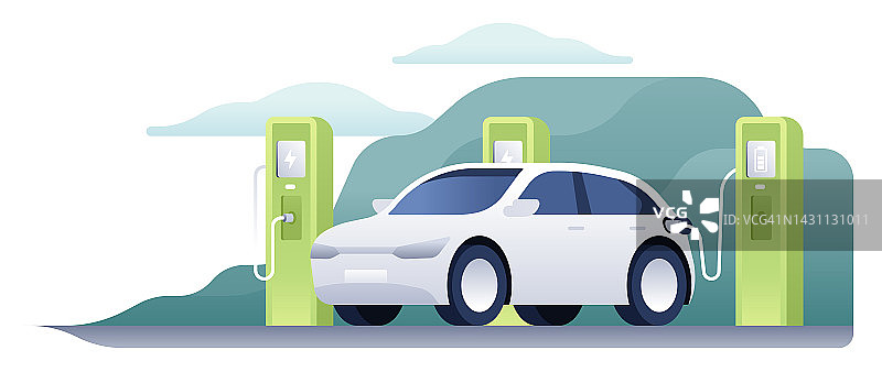 电动汽车充电站概念。生态汽车充电的孤立矢量图。图片素材