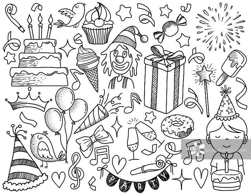 生日派对上的一套涂鸦卡通对象和符号。图片素材